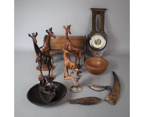 A Collection of Treen Ware to Include African Carved Wooden Giraffes, Two Division Bowl with Elephant Decoration, Fish Orname