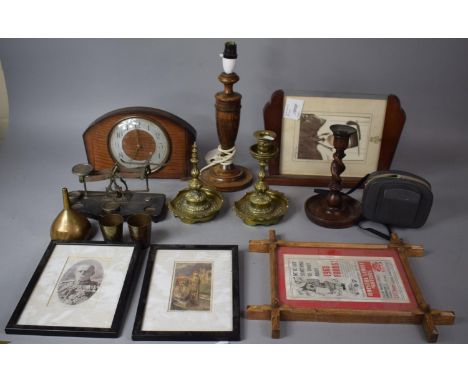 A Collection of Sundries to Include Wooden Cased Mantle Clock, Photo Frame, Lamp Base, Barley Twist Candlestick, Postage Scal