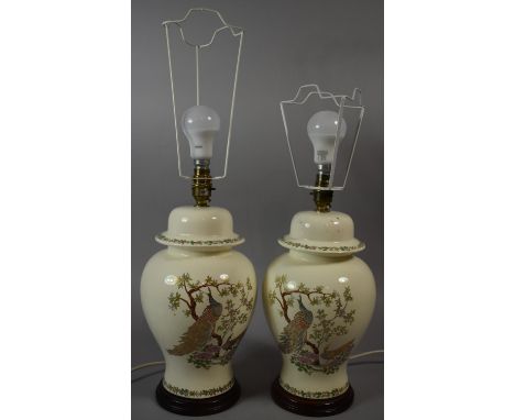 A Pair of Ceramic Vase Shaped Table Lamps, Decorated with Peacocks, Each Lamp 50cm High 