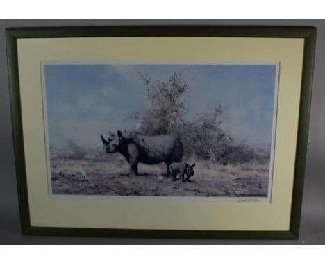A Framed David Shepherd Print Depicting Rhino and Calf, Signed by the Artist in Pencil, 50cm Wide 