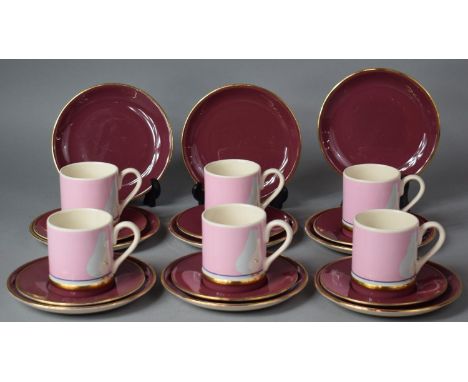 A Carlton Ware Pink, Burgundy and Gilt Dove Pattern Coffee Set to Include Six Cans, Six Saucers, Nine Sideplates 