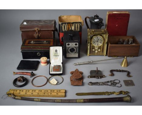 A Tray of Curios to Include Cash Tin, Coffee Pot, Vintage Whip, Leather Case, Boxed Camera, Carpenters Rule etc