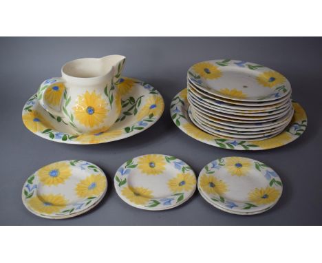 A Collection of Suzanne Katkhuda Studio Pottery, Sunflower Design, Plates, Side Plate, Serving Bowls, Jug Etc 