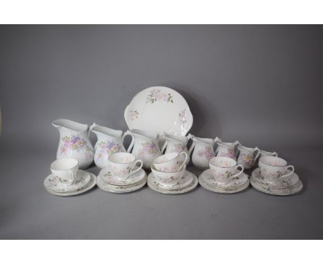 A Royal Adderley Silver Rose Tea Set to Comprise Five Cups, Six Saucers, Six Side Plates, Cakeplate Together with Eight Limog