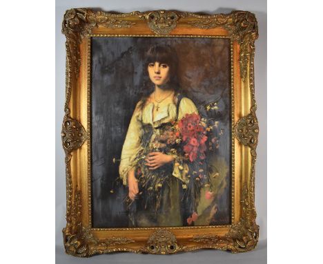 A Gilt Framed Textured Print After Harlamoff, "The Flower Girl", 59cm High 