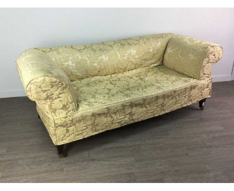CHESTERFIELD DROP END SETTEE,in cream floral upholstery, on square tapered legs terminating in brass caps on ceramic castors,