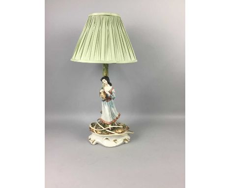 CAPODIMONTE FIGURAL TABLE LAMP,modelled as a young shepherdess with lamb, 57cm high overall including shade