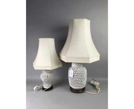 TWO MODERN CERAMIC TABLE LAMPS,with cream shades