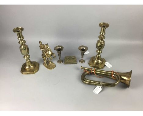 PAIR OF VICTORIAN 'QUEEN OF DIAMONDS' BRASS CANDLESTICKS,29cm high, along with a bugle, a horse figure, a stamp box and pair 