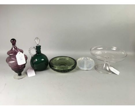 MOTTLED GLASS STEMMED VASE,20.5cm high, along with a decanter, two ruby cut glass small vases, an opalescent glass dish, anot