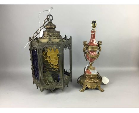 MOROCCAN STYLE PENDANT LANTERN,with coloured glass shades, 47cm high, and a gilt metal and hardstone table lamp (2)