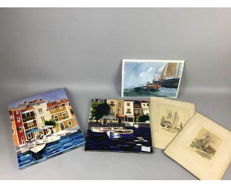 GROUP OF THREE TILE PANELS BY BRENT HEIGHTON,along with a painting by Bob MacDougall and a reproduction gilt framed ceramic p