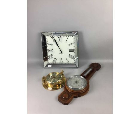 QUARTZ WALL CLOCK,with mirrored frame, 40cm wide, along with a reproduction brass ship's clock and an aneroid barometer in wa