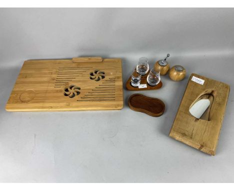 PINE WALL MIRROR,along with other items including a tray, book holder, salt and pepper shaker and grinder and three glasses