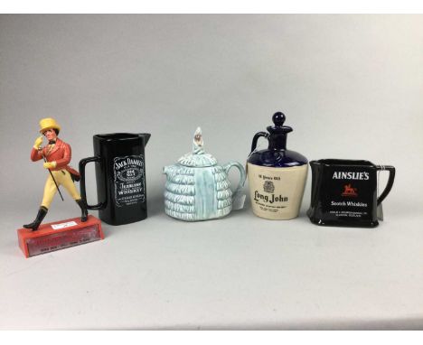 JOHNNIE WALKER ADVERTISING FIGURE,21cm high, three whisky advertising jugs, a Chinese pewter mounted mug, and a pair of ceram