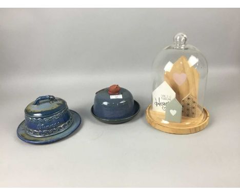 TWO CERAMIC CHEESE DISHES,along with a bell jar display