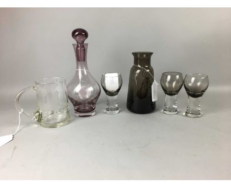 CAITHNESS QUARTZ GLASS DECANTER WITH SIX GLASSES,along with another Caithness amethyst glass decanter and four glasses, a vas