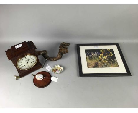 MAHOGANY CASED MANTEL CLOCK,by Comittee, 26cm high, along with a knotted branch with corkscrew, 39cm wide, a small ceramic mu