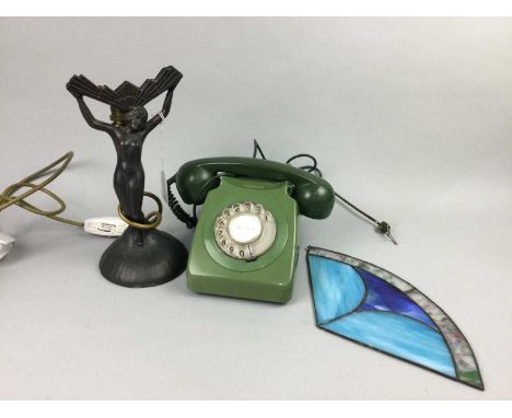 ART DECO STYLE FIGURAL TABLE LAMP,39cm high, along with a step cut glass decanter, a retro telephone and a fan shaped panel (