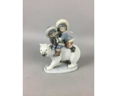 LLADRO POLAR BEAR AND CHILDREN GROUP,along with a small pair of ceramic vases, small Chinese vase and a Caithness glass desk 