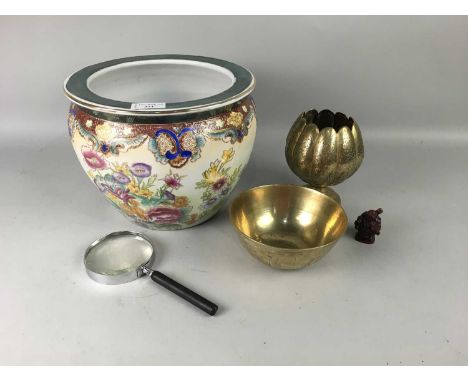 MODERN CIRCULAR CHINESE PLANTER,with floral and gilt decoration, along with a magnifying glass and two brass bowls and a mini