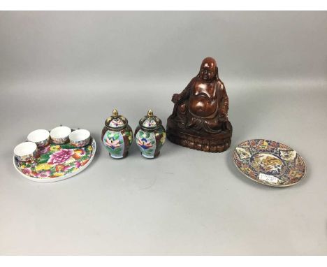 PAIR OF 20TH CENTURY JAPANESE VASES,31cm high each, along with a carved wood Buddha, two egg-shaped caskets, a miniature tea 