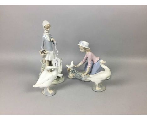 LLADRO GROUP OF A GIRL AND GEESE,25cm high, along with a Nao group of a girl and dove and two Lladro goose figures (4)