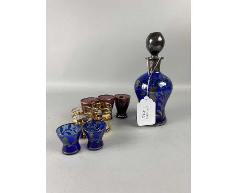 SILVER OVERLAID LIQUEUR DECANTER AND FOUR GLASSES,along with a set of six and a set of five licquer glasses