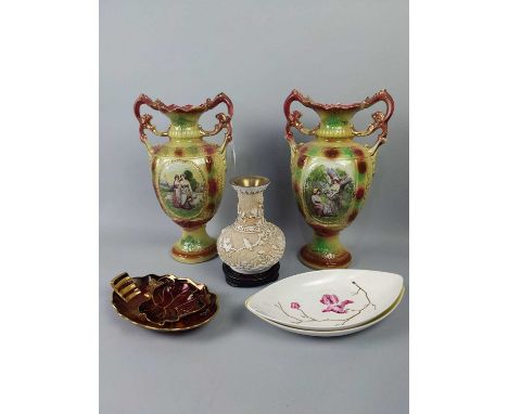 PAIR OF VICTORIAN VASES,36cm high, along with a Taiwanese vase on stand and four Carlton ware dishes