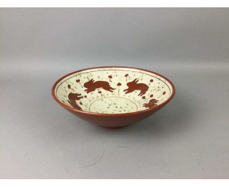 POTTERY BOWL BY WENDA FISKEN,25cm diameter, incised 'MADE IN SCOTLAND' to base, along with a Presingoll Pottery lamp (2)