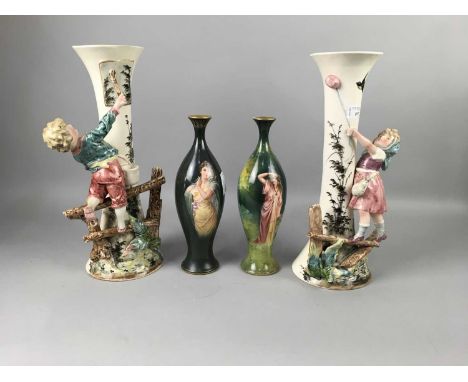 PAIR OF ROYAL BONN VASES OF SLENDER BALUSTER FORM,28cm high, along with a pair of continental vases, each decorated in relief