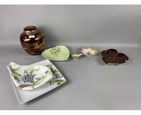CARLTONWARE 'ROUGE ROYALE' GINGER JAR, COMPORT AND LEAF MOULDED DISH,along with a Royal Doulton 'Mystic Dawn' ginger jar, var