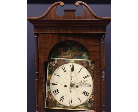 19TH CENTURY MAHOGANY LONGCASE CLOCK,with broken swan neck pediment above circular dial set with Roman numerals, with painted