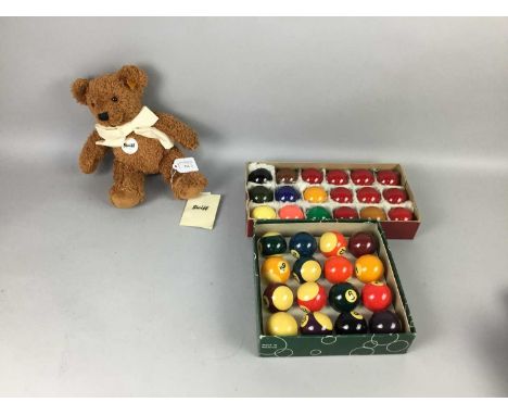 STEIFF TEDDY BEAR,'James', 28cm high, along with a set of billiard balls and a set of pool balls, each boxed