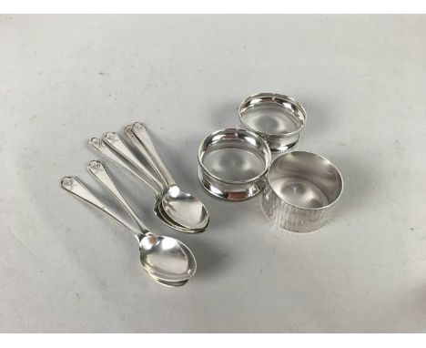 SIX SILVER TEASPOONS,along with a pair of silver napkin rings, and further silver napkin ring (9)