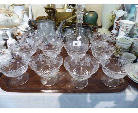 A Tray of Etched Sundae Dishes and a Liqueur Decanter
