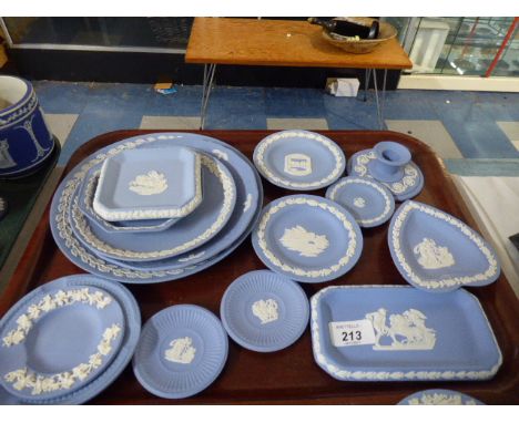 A Tray of Blue and White Wedgwood Plates, Dishes, Trinket Dishes, Candle Stick etc