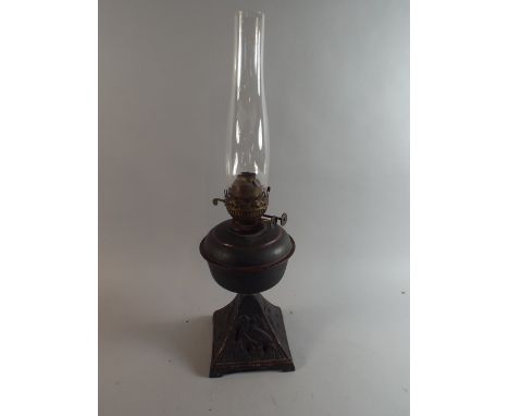 A Late Victorian Oil Lamp with Pierced Base Decorated with Stork