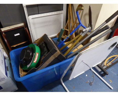 A Collection of Various Garden Tools, Walking Sticks, Folding Table Etc