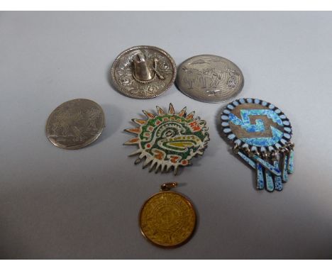 A Box Containing Various Mexican Silver Brooches, Enamel Brooches Etc