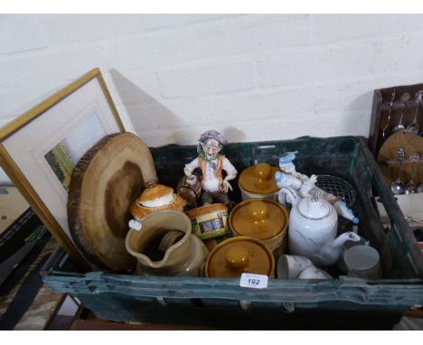 A Tray Containing Clown Ornaments, Cottage Ware Tea Service, Storage Jars Etc