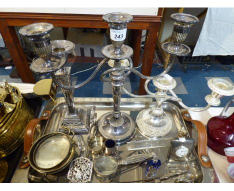 A Silver Plate Tray Containing Various Candelabra, Magnifying Glasses, Grape Scissors, Candle Stick Etc 