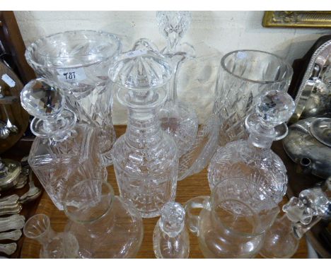 A Tray of Glassware to Include Cut Glass Claret Decanter, three Spirit Decanters, Cut Glass Vases etc