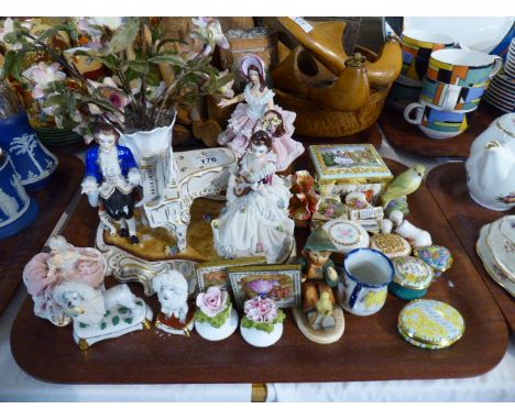 A Tray Containing Continental Ornaments, Souvenir Thimbles, Enamel Boxes Etc