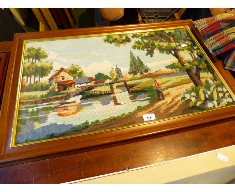 A Framed Tapestry Depicting River Scene 