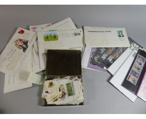 A Box Containing Various First Day Covers, Loose Stamps Etc