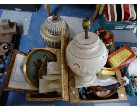 A Pair of Onyx Horse Book Ends, Two Table Lamps, Tapestry and Prints, Copper Kettle etc