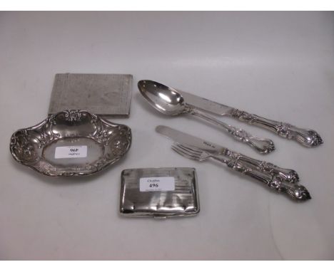 A silver card case, cigarette case, handled knife and fork etc