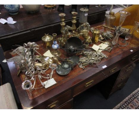 A mid 20th century brass miners lamp, a meat jack and other brassware together with two epergnes, glass shades etc  
