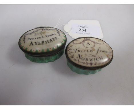 Two 19th century Staffordshire enamel souvenir boxes for Aylsham and Norwich  